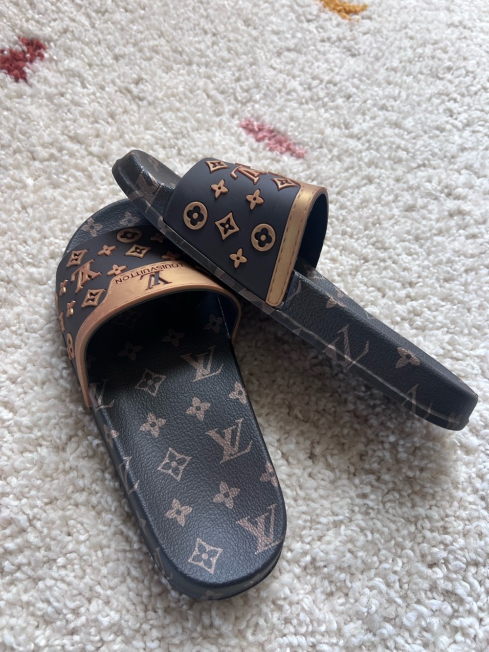 LLV Black and Brown Monogram Slide Sandals